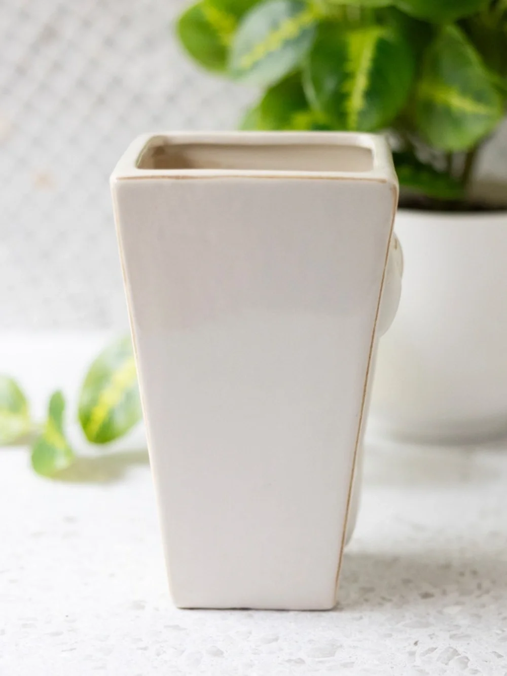 Cream off white square tulip ceramic pottery vase 6.5